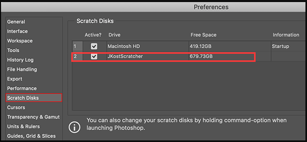 selecting a scratch disk for photoshop mac